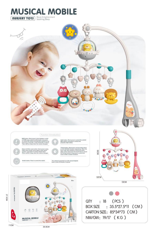 Musical Bed Bell Mobile Crib Remote Musical Bed Holder Hanger Control Rattles Toy bear Arched Baby Bell