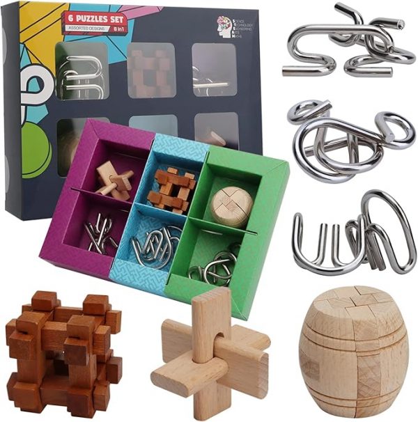 Brain Teaser Toys, 6 Puzzles IQ Test Metal and Wooden Unlock Interlock Disentanglement Puzzles Game for Kids, Boys and Girls