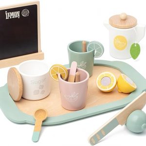 Wooden Tea Party Set for Little Girls Toys, Pretend Play Kids Tea Set for Toddlers Wood Toys, Wooden Play Food Kitchen Accessories Sets for Kid (Lemon Tea)