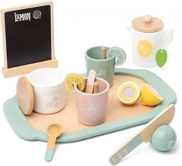 Wooden Tea Party Set for Little Girls Toys, Pretend Play Kids Tea Set for Toddlers Wood Toys, Wooden Play Food Kitchen Accessories Sets for Kid (Lemon Tea)
