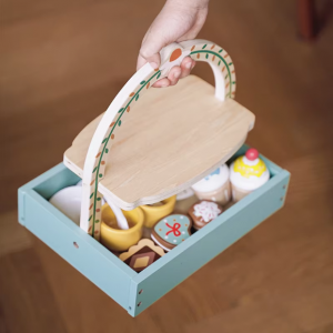 Wooden Dessert Cake Tea Party Set for Little Girls Toys, Pretend Play Kids Tea Set for Toddlers Wood Toys, Wooden Play Food Kitchen Accessories Sets for Kids