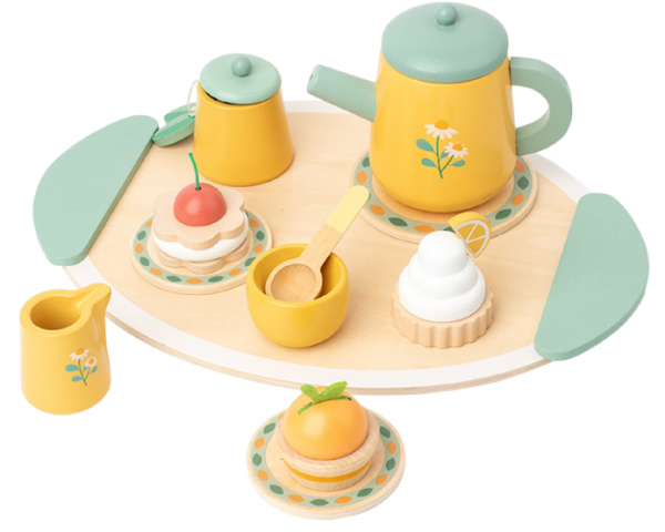 Roll over image to zoom in       Wooden Tea Party Set for Little Girls Toys, Pretend Play Kids Tea Set for Toddlers Wood Toys, Wooden Play Food Kitchen Accessories Sets for Kid (Royal Tea)