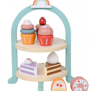 Wooden Dessert Cake Play Food Set Toys, Pretend Play kids Tea Party Set for Little Girls Toddlers, Montessori Wooden Play Kitchen Accessories Sets for Kids