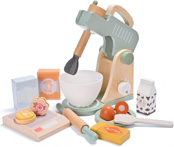 Play Kitchen Accessories, Pretend play food sets for kids kitchen, Wooden Toy Mixer Set, Blender Bake Cookies Playset Cooking Kitchen Accessories Toys for Boys Girls Ages 3+